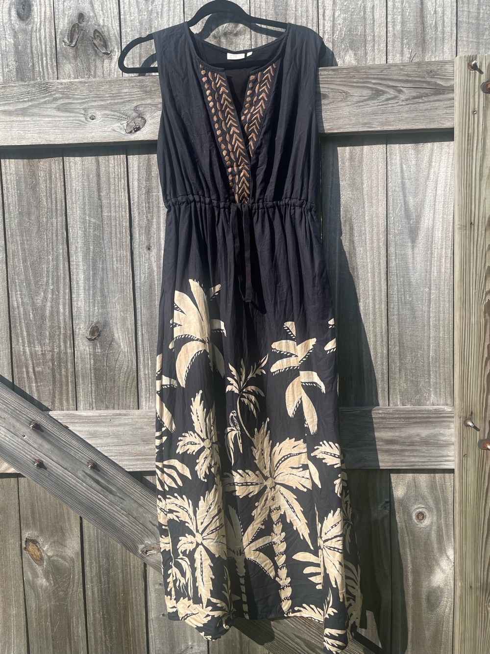 Spartina 449 Black Maxi Dress with Cream Palm Print Linen Blend Sz S